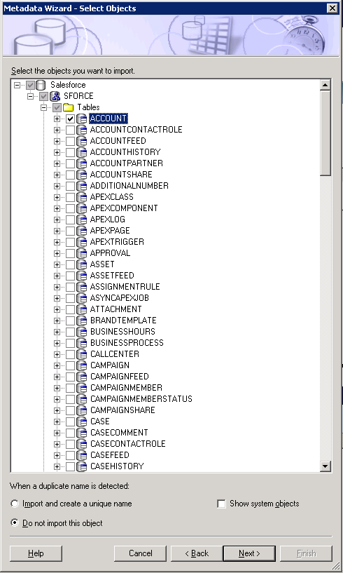 Select Salesforce objects to import