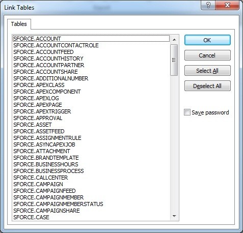 Salesforce objects returned to ms access