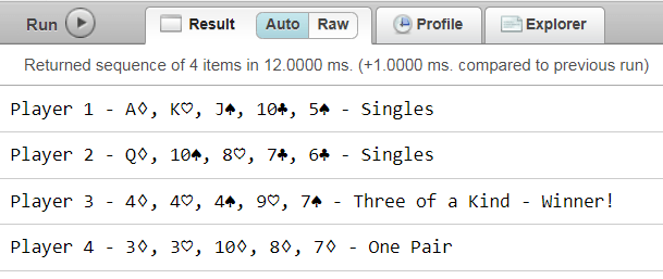 what's displayed on QConsole after running code through it. Displays stats for players 1-4 with what kind of cards they have and who won. Player 3 wins here. 