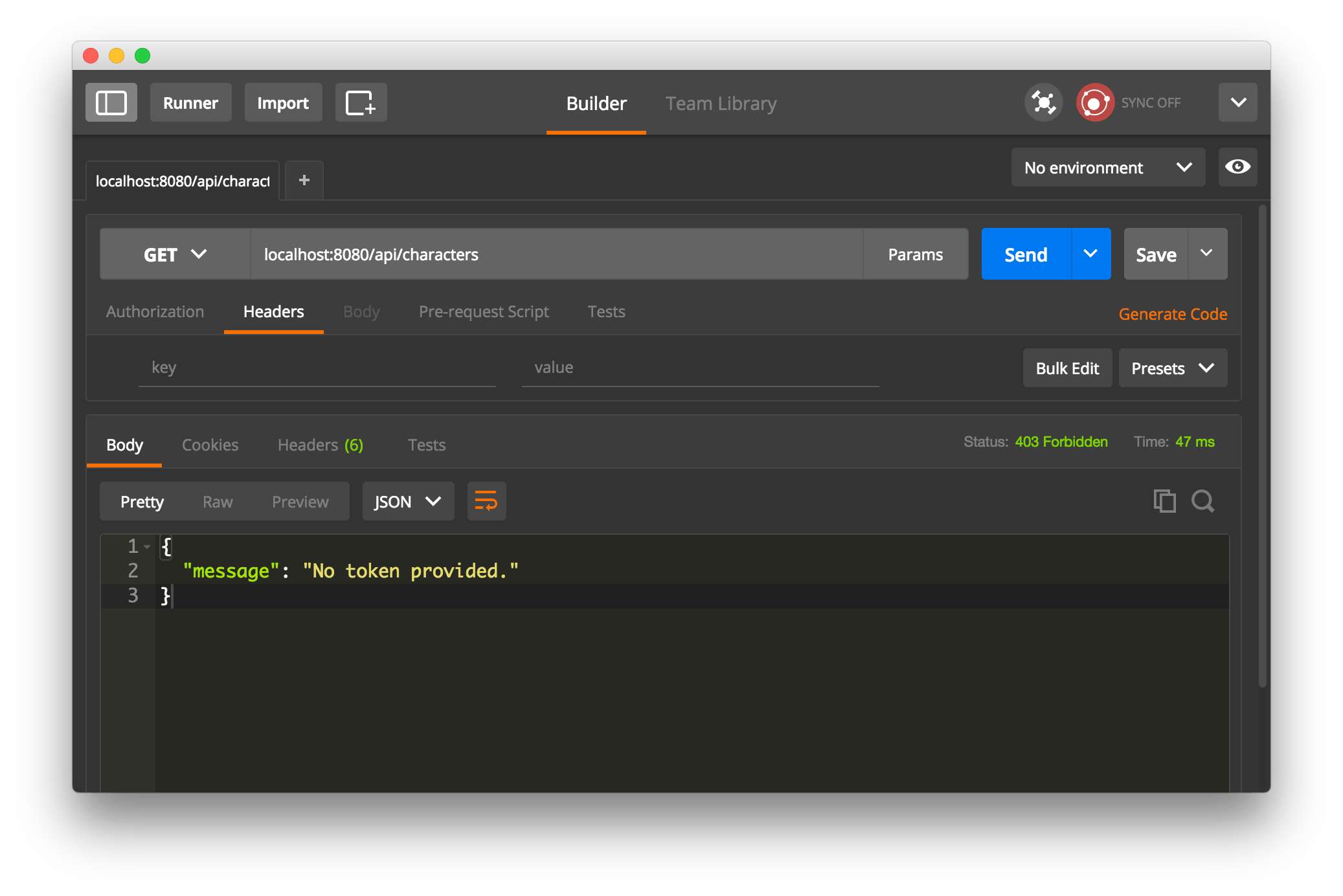 when trying to run an HTTP GET request against the /api/characters endpoint a 'no token provided' message appears