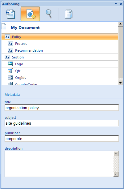 a tree view hierarchy of the Content Controls (under Metadata pane)