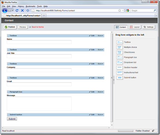 Sample contact form in Sitefinity 4.0's form builder