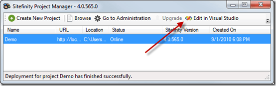 Using the Sitefinity 4.0 BETA project manager to open the project in Visual Studio