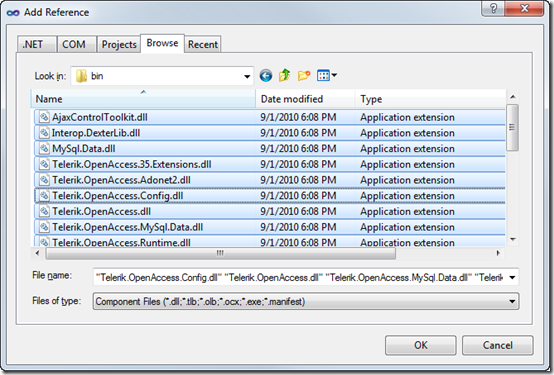 Browing for assemblies in the bin folder and adding DLL references to the project