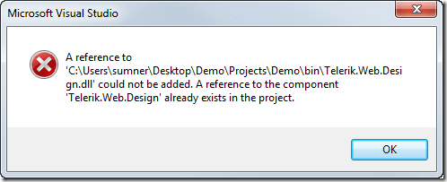 A reference to Telerik.Web.Design.dll could not be added.  A reference to the component Telerik.Web.Design already exists in the project.