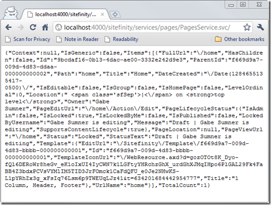 JSON data being returned from a Sitefinity 4.0 web service JSON data being returned from a Sitefinity 4.0 web service