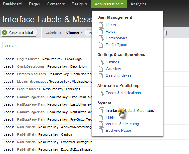 Administration->Interface Labels and Messages