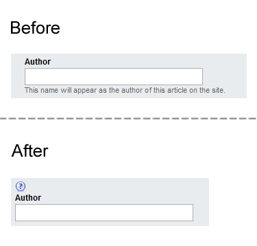 Figure 1: Before &ndash; with the example beneath the textbox; after &ndash; with the text visible upon hovering over the question mark image.
