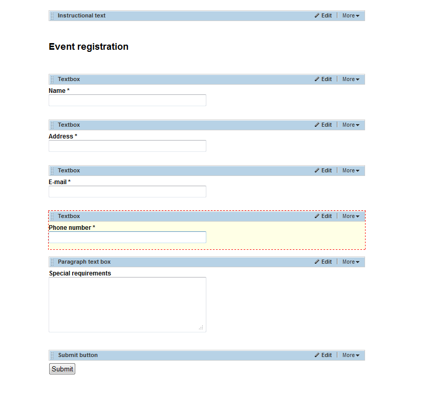 Form with 3 pages layout and widgets