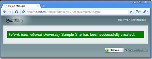 Telerik International University Sample Site successfully created
