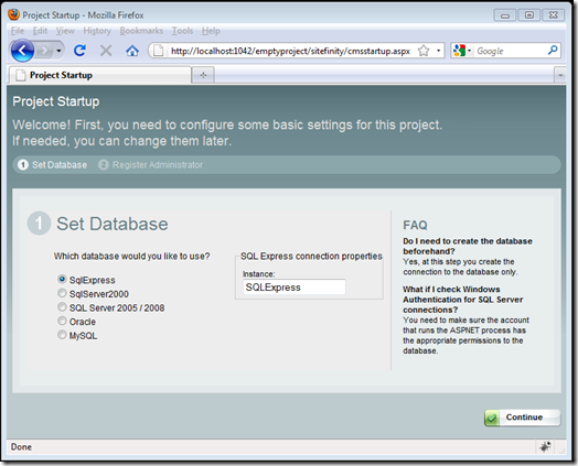 Select SQLExpress for Sitefinity