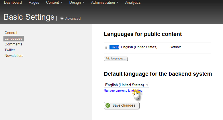 settings -> manage backend languages
