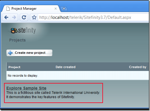 Explore Sample Site option