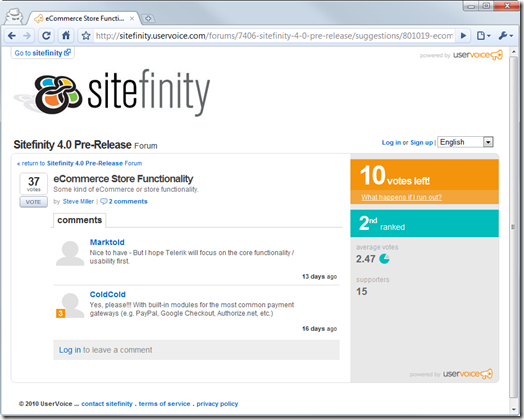 E-commerce suggestion on Sitefinity UserVoice