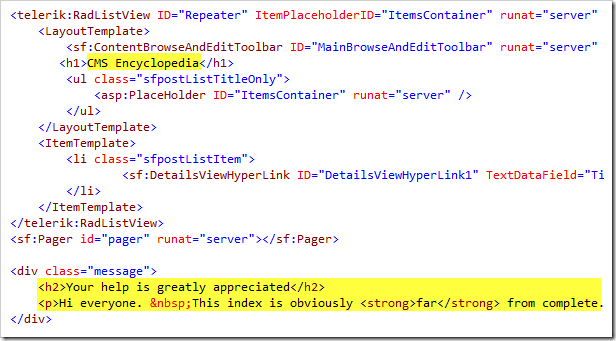 Embedding static content in a Sitefinity Template