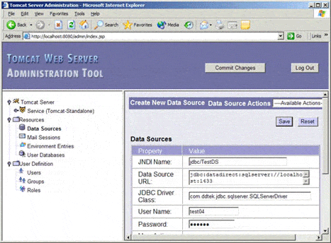 Tomcat Data Sources Form Screenshot
