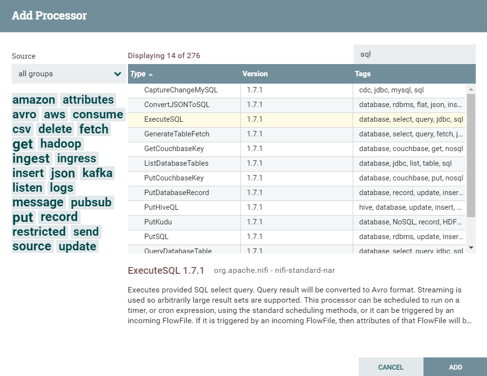 Add Processor screen. Filtered by search.