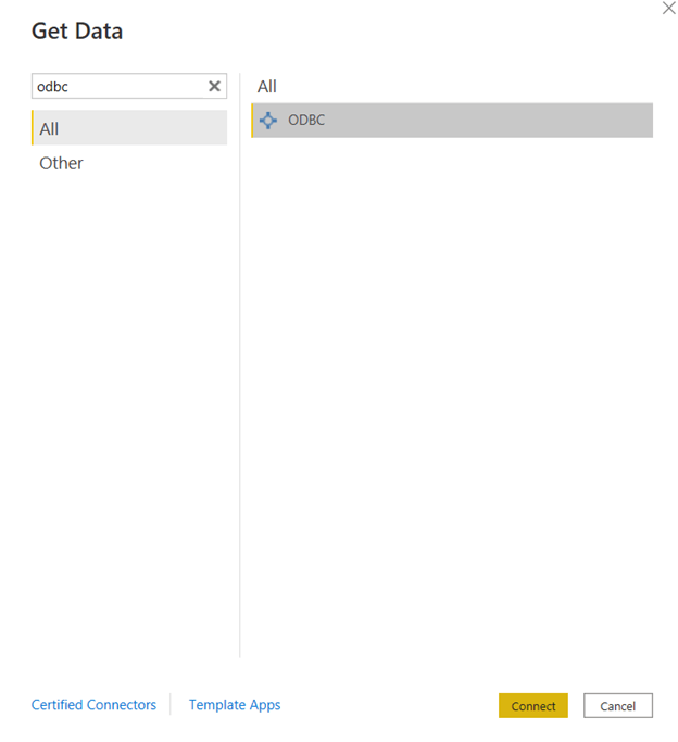get data window; odbc selected