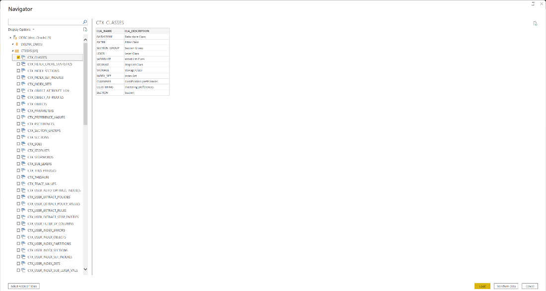 navigator window showing the example CTX_CLASSES table