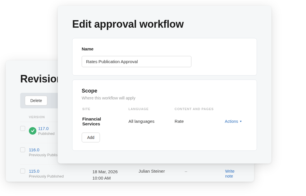 CMS approval workflow editor overlaid on a revision history panel showing published and previous page versions.