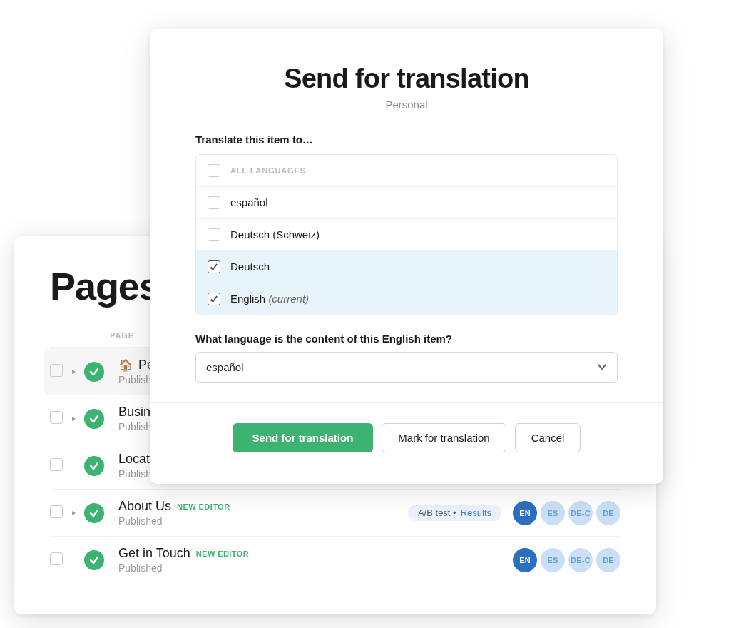 CMS translation dialog overlaid on a pages list showing language selection and publishing options.