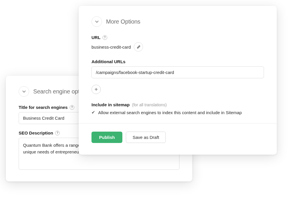 Two stacked CMS panels showing URL routing settings in front and SEO metadata fields partially visible behind.