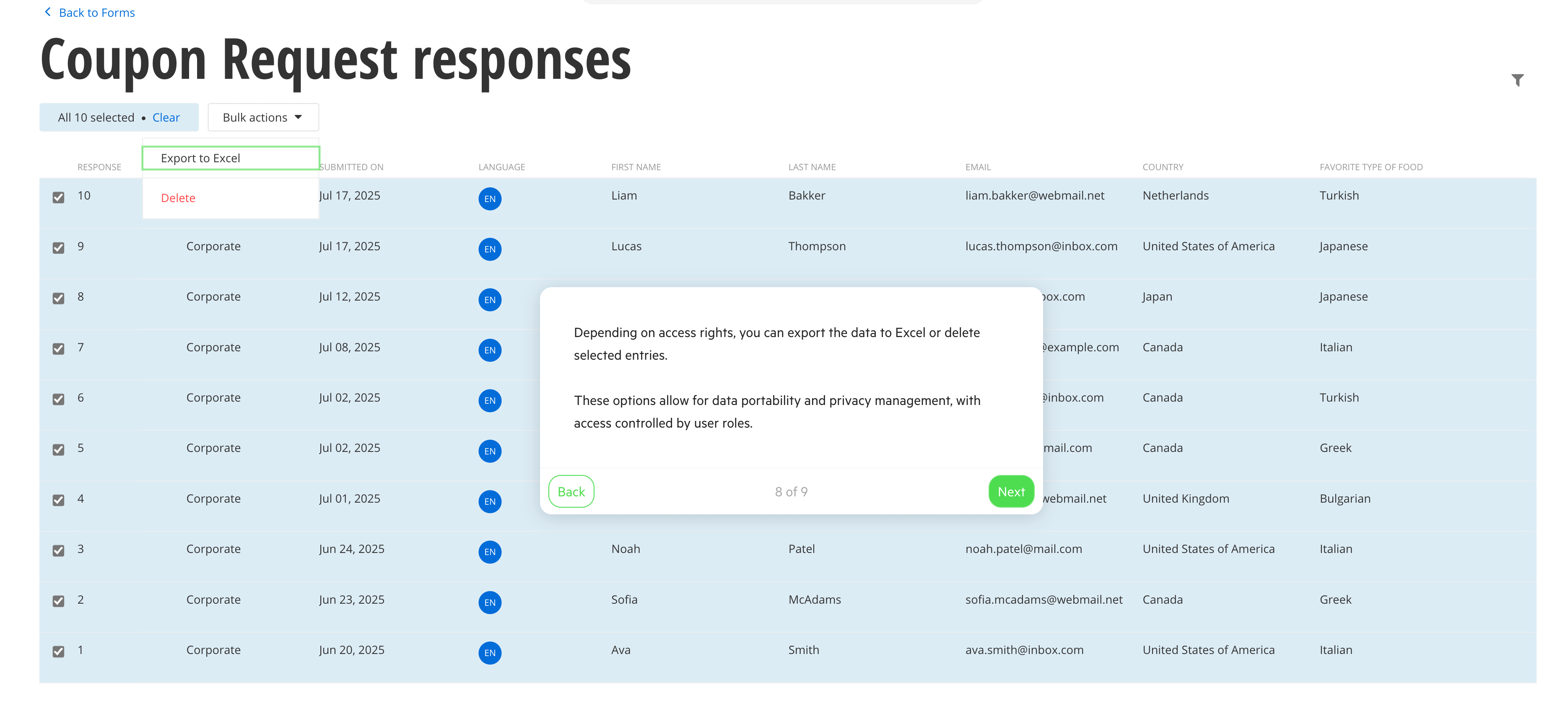 Coupon Request responses dashboard showing a list of form submissions with selected entries, a bulk actions dropdown menu open with 'Export to Excel' and 'Delete' options, and a tooltip explaining export permissions and data privacy based on user roles.