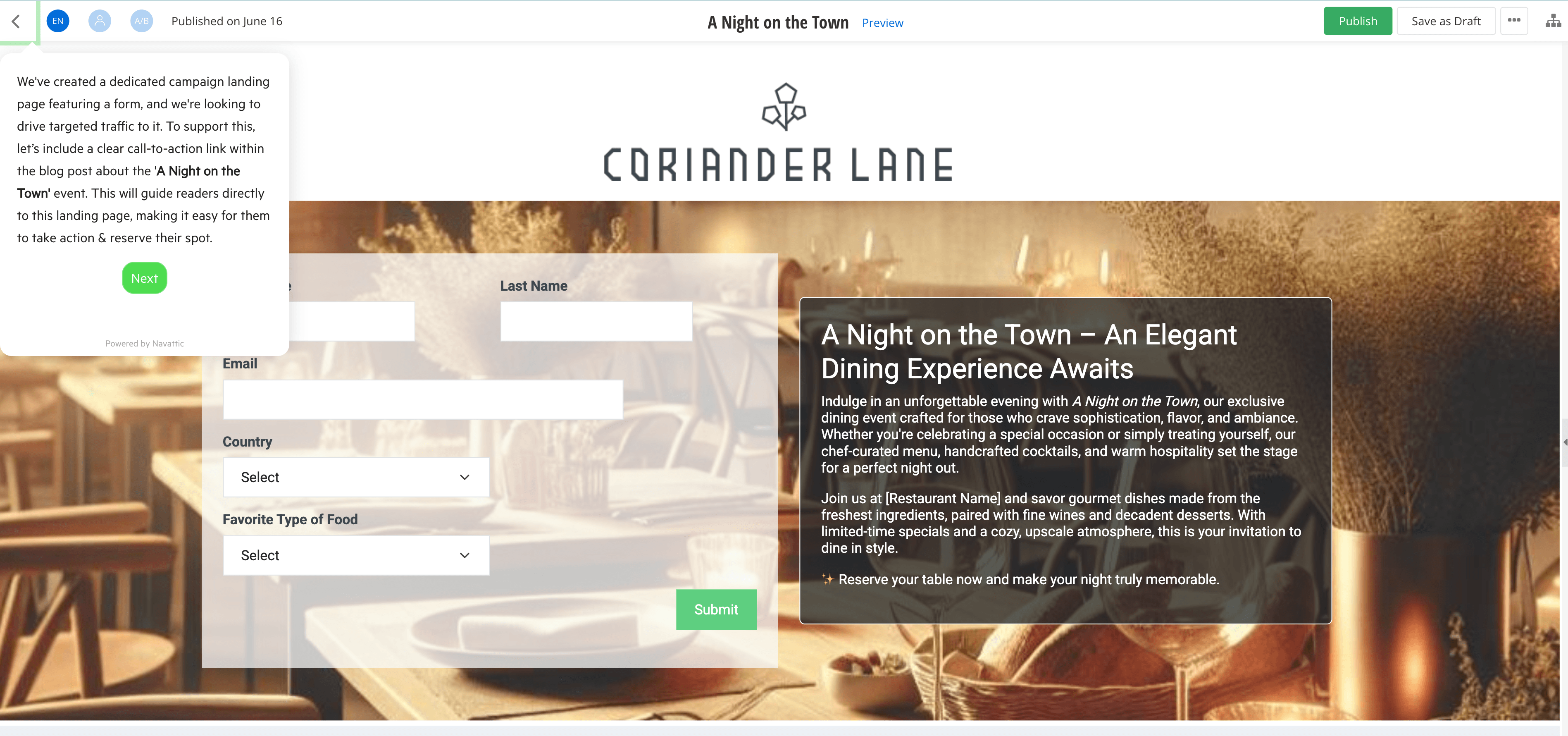 Landing page builder interface showing a preview of a campaign titled 'A Night on the Town' for Coriander Lane, with a form on the left to collect user information and a text overlay on the right promoting an elegant dining event.