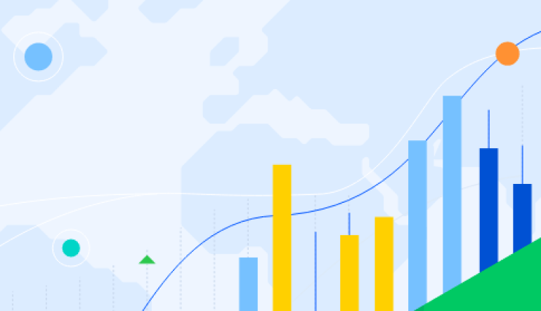 Chart (line and bar) with upwards trend and artificial intelligence symbols illustration