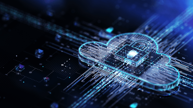 Abstract digital illustration of a cloud with a padlock icon, surrounded by glowing circuit lines—representing AI and Data governance.
