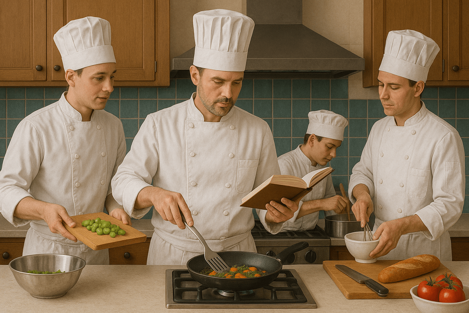 A team of chefs collaborating to complete a dish, representing the concept of neural networks A team of chefs collaborating to complete a dish, representing the concept of neural networks