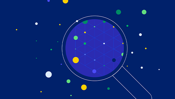 A magnifying glass with connected colored dots