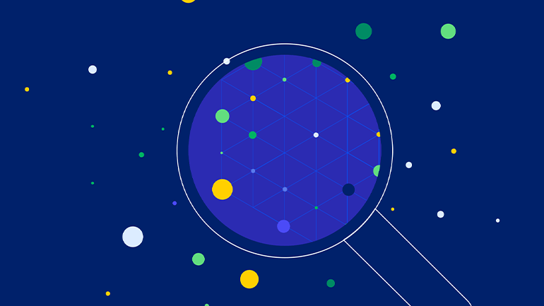 A magnifying glass with connected colored dots