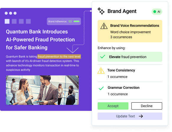 Content editor with AI brand agent providing voice recommendations, tone consistency feedback and grammar corrections for optimized messaging