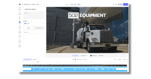 Edit, Voice, Polish in Veed.io A corporate photo of a white semi-truck parked in front of a large building