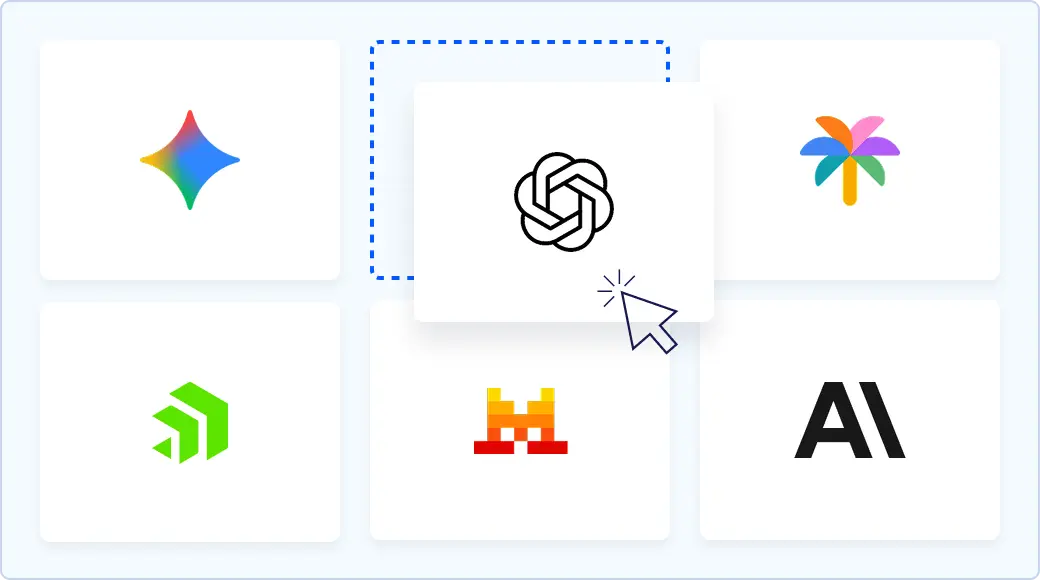 Interface showing selection of different AI models and providers, highlighting OpenAI among multiple options