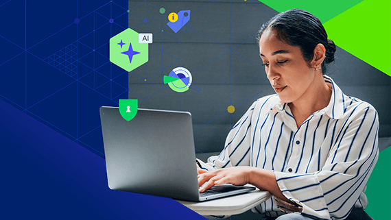 Person typing on a laptop at a small table; abstract AI graphics (sparkle, ‘AI’ label, shield, location pin, magnifier) appear over a blue network pattern with green corner shapes.