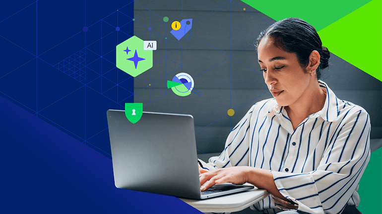 Person working on a laptop with floating AI and security icons over a blue geometric background with green accents.