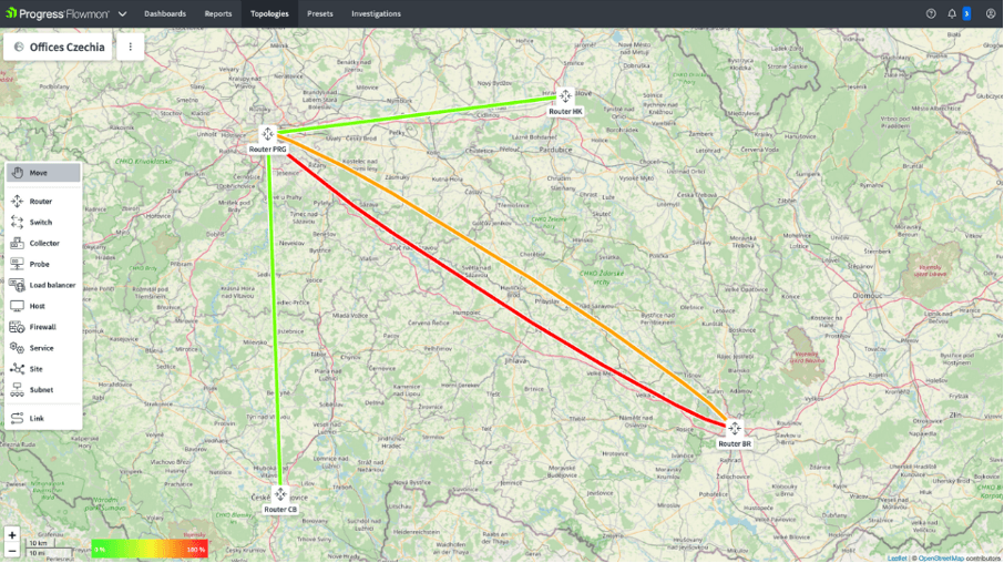 Map displaying various offices that are using Progress Flowmon