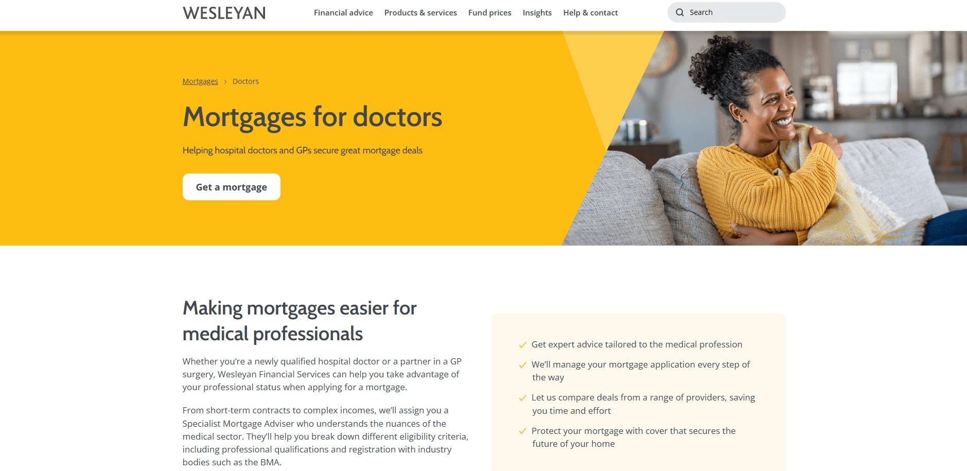 Screenshot of page on Wesleyan's website with information on Mortgages for doctors