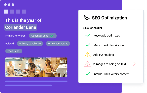 CMS content editor with SEO optimization checklist showing keyword usage, metadata, headings and missing alt text warnings