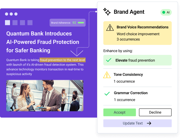 llustration of a text editor interface with an AI dropdown menu and formatting options like bold, italic, and bullet points. A section of text is highlighted with a cursor placed in the middle, suggesting AI-assisted editing or rewriting. The background shows multiple layered document windows in shades of purple.