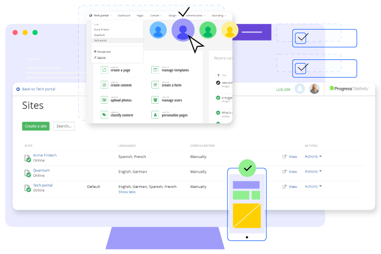Enterprise CMS interface managing multiple sites, users and permissions with multilingual content and cross-channel publishing