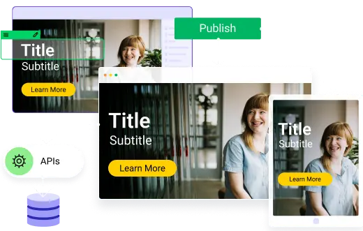 Multi-device content publishing process using APIs, showing how website updates sync across desktop, tablet, and mobile screens.