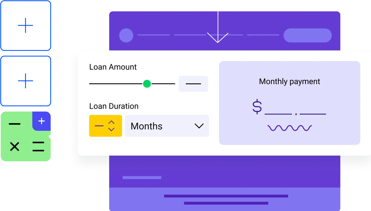 Financial calculator interface for adjusting loan amount, duration, and monthly payment values within an interactive web form.