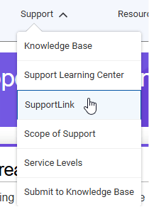 Dropdown menu under the Support tab showing options including Knowledge Base, Support Learning Center, SupportLink (highlighted), Scope of Support, Service Levels, and Submit to Knowledge Base. A cursor hovers over SupportLink.
