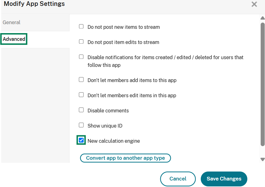 Advanced app settings with the New calculation engine checkbox selected