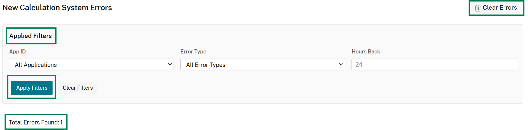 Calculation error table with app, error type, and time filters and the Clear Errors action