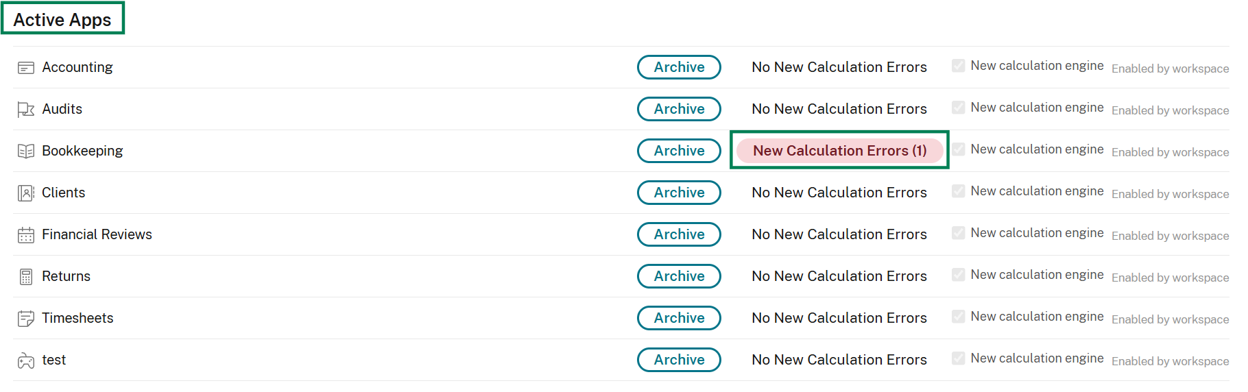 Active apps with a calculation error count next to the affected app