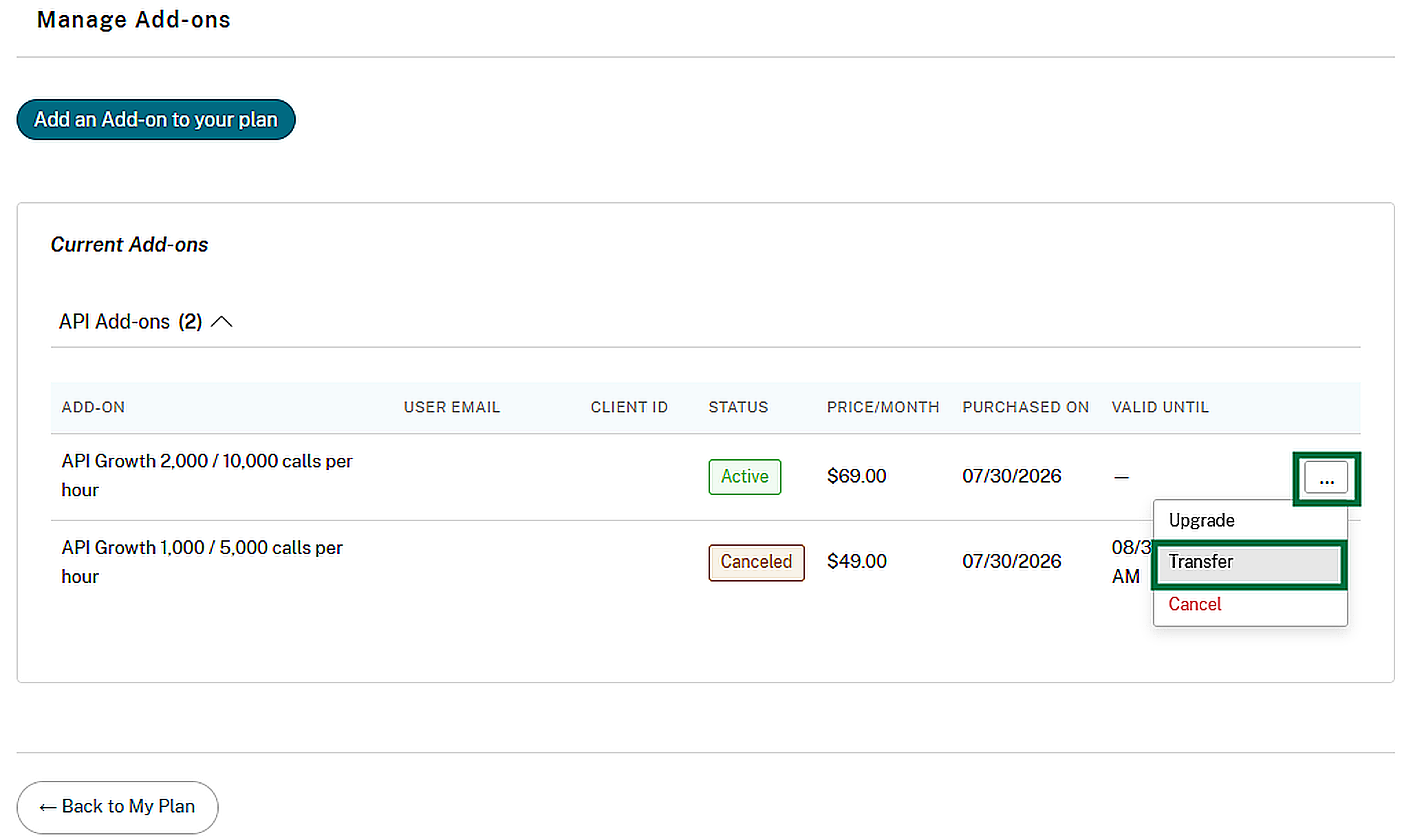 Transfer option in the add-on menu